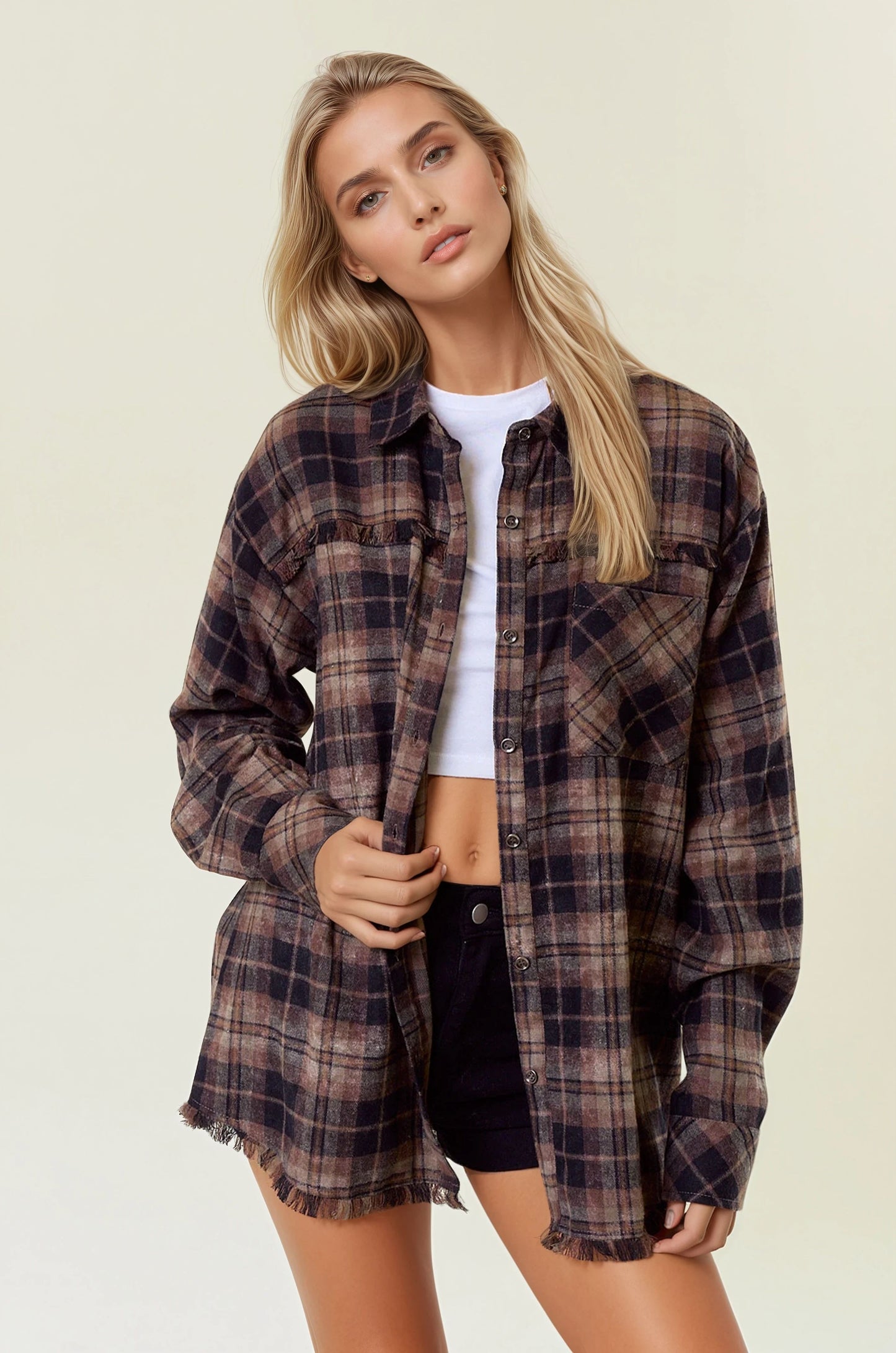 Dakota Fringe Hem Flannel, Brown